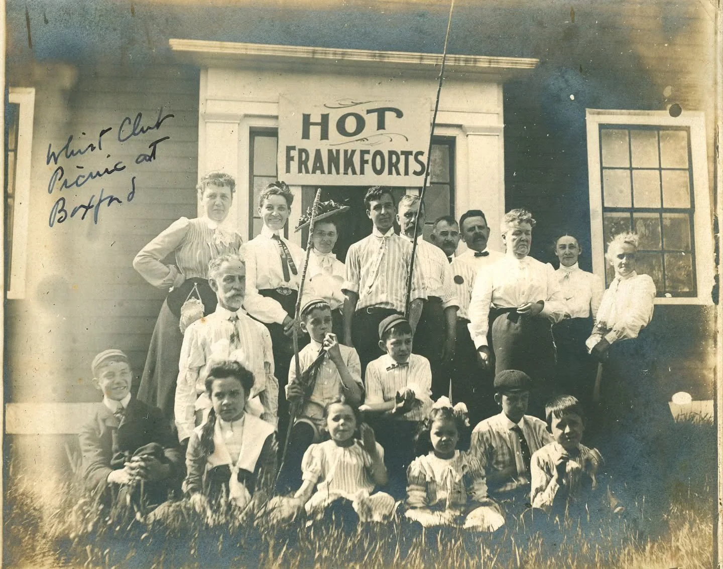 Hot frankforts make the picnic! This is a picture of the Boxford Whist Club having a group picnic. Whist is a card game that was incredibly popular in the 1700s and 1800s, with lots of players forming clubs, but it was gradually taken over in popular
