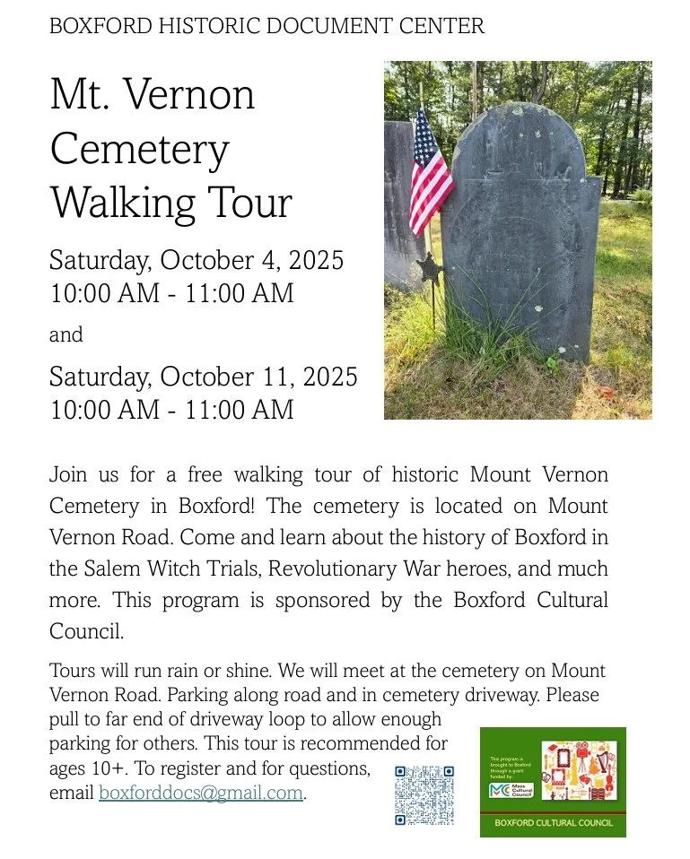 Register for our Mt. Vernon Cemetery Walking Tour next month at www.boxfordhistory.org/events