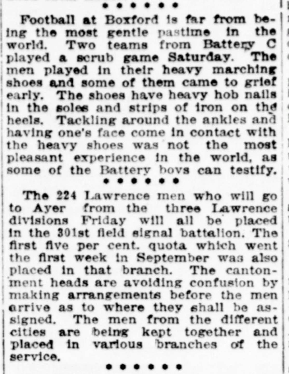 Go Pats! 

This article is about a pickup game played by some WWI enlistees at Boxford's military camp on Ipswich Road, published on September 18, 1917.

#boxfordhistory #boxfordma #football #wwi