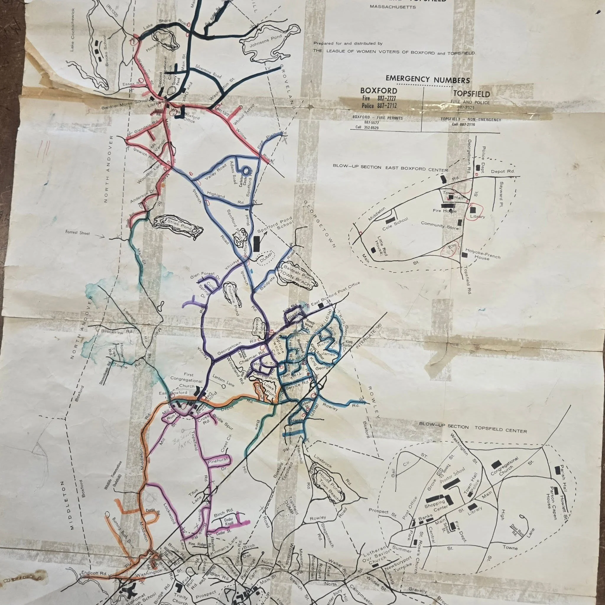 New accession at the Boxford Historic Document Center! On Wednesday, Richie Cunningham paid us a visit (the day after his 98th birthday!) and donated this map. It was marked in the late 1970s with all the snowplow routes in town. He explained how bac