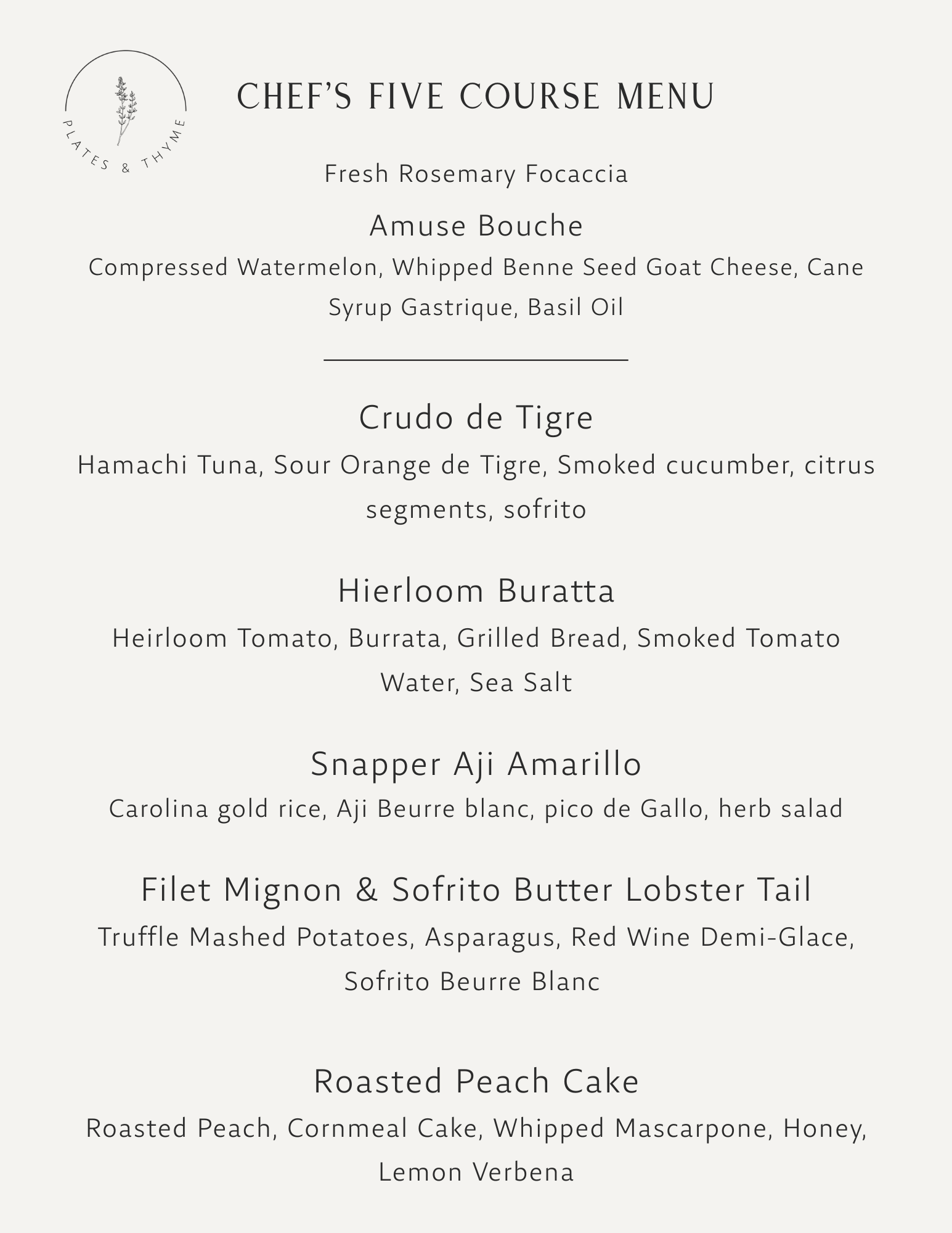 Menu titled 'Chef's Five Course Menu' with sections for appetizers, fish, entree, dessert, and main. Features a logo with a sprig of thyme.
