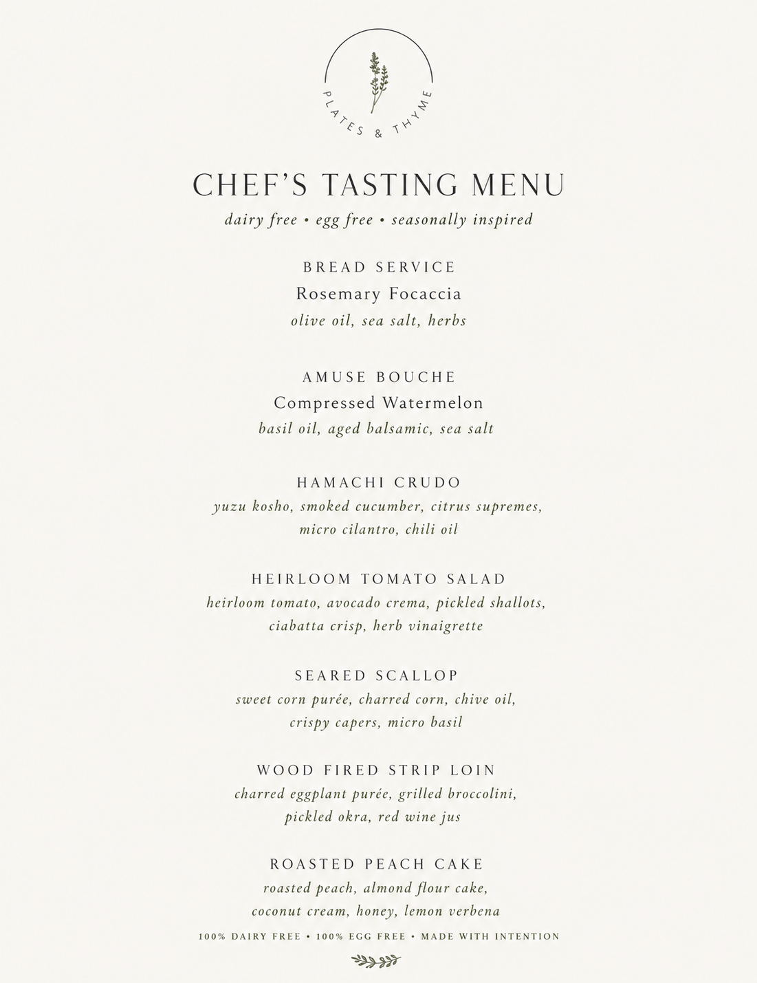 Chef's tasting menu from Plates & Thyme with dishes including bread service, rosemary focaccia, compressed watermelon, hamachi crudo, heirloom tomato salad, seared scallop, wood-fired strip loin, roasted peach cake, and details on dietary preferences