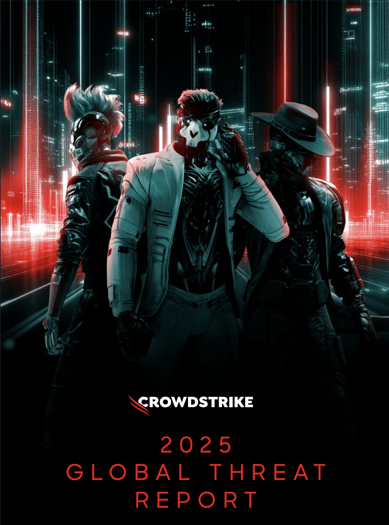 Cover image for CrowdStrike 2025 Global Threat Report featuring three masked futuristic characters in a cyber city background with neon lights.