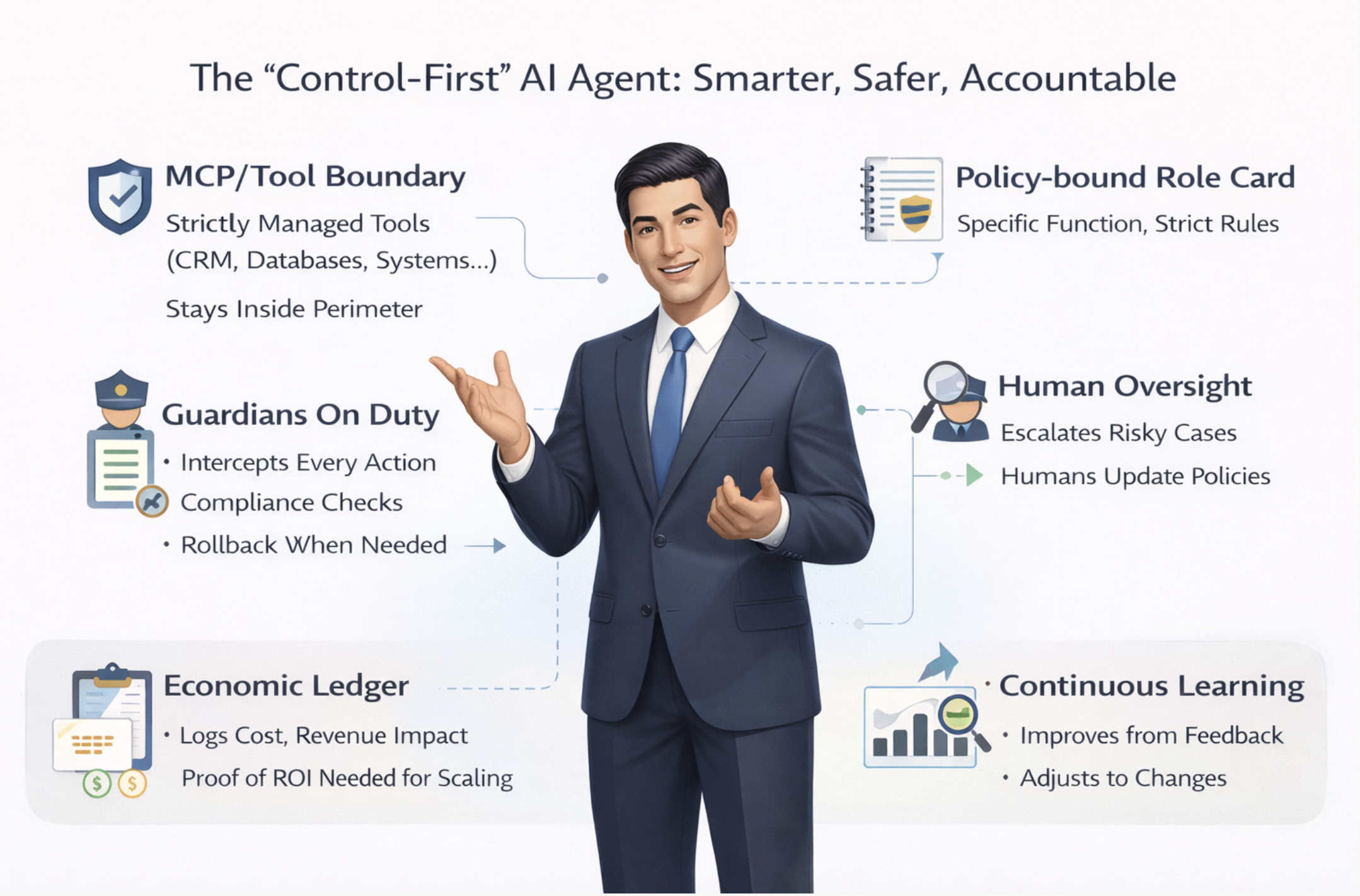 Infographic titled 'The Control-First AI Agent: Smarter, Safer, Accountable' with a man in a suit gesturing. It includes sections about MCP/Tool Boundary, Policy-bound Role Card, Guardians On Duty, Human Oversight, Economic Ledger, and Continuous Lea