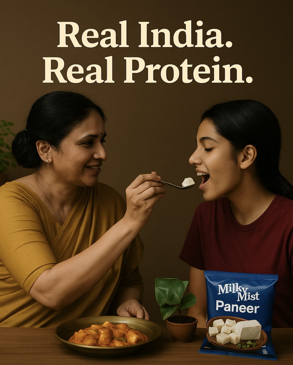 Two women sharing a spoon of paneer, with a plate of Indian food and a packet labeled 'Milky Mist Paneer' on a table.