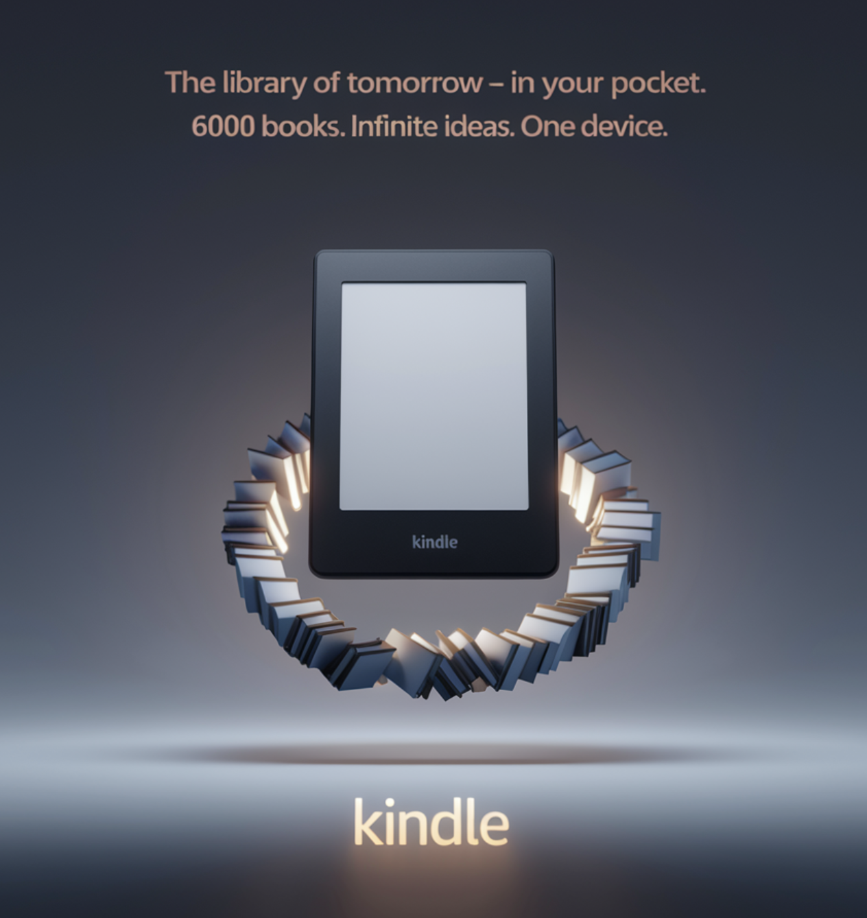 'The library of tomorrow—in your pocket. 6000 books. Infinite ideas. One device.' KINDLE Campaign.