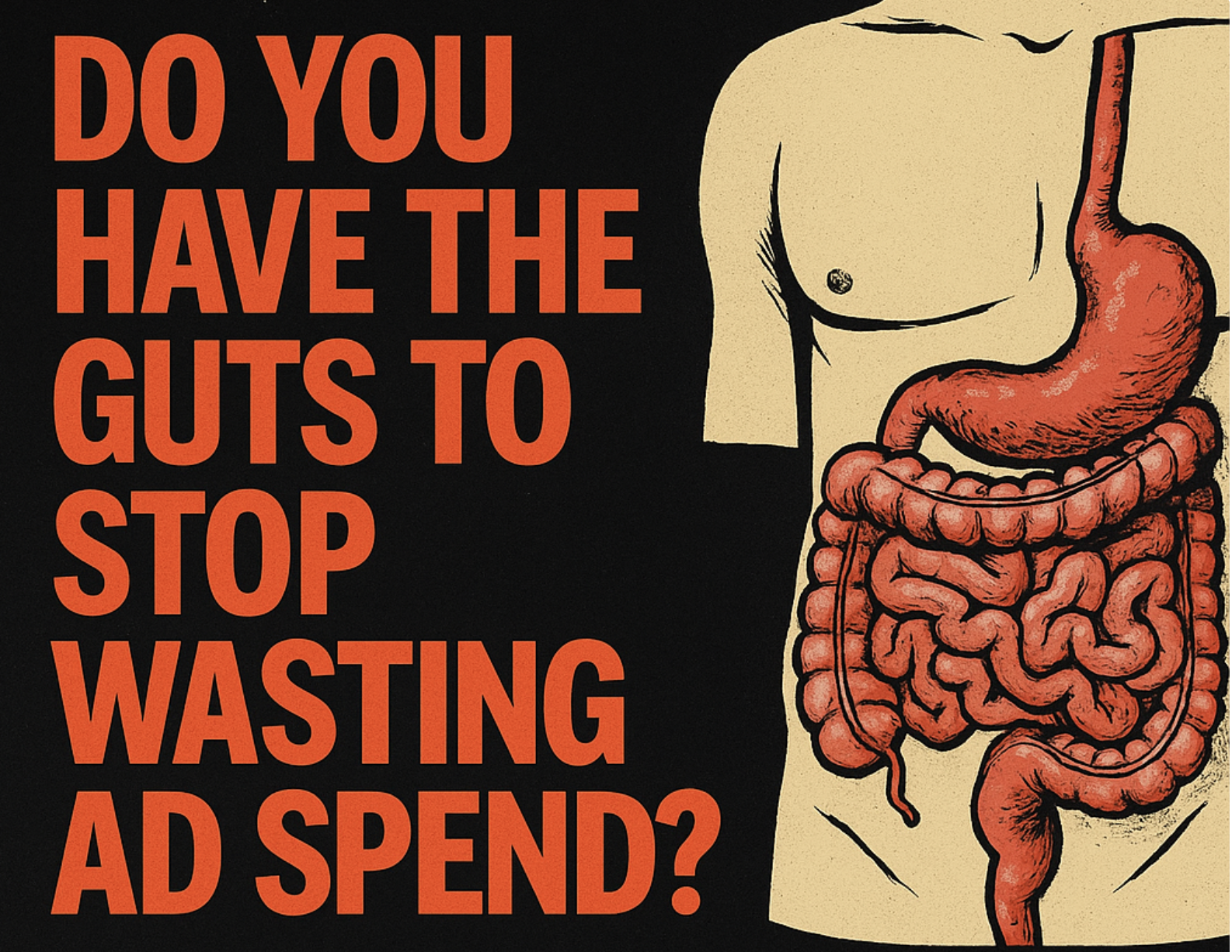 A graphic with the text 'Do you have the guts to stop wasting ad spend?' next to an illustration of a human torso with the digestive system, including the stomach and intestines.
