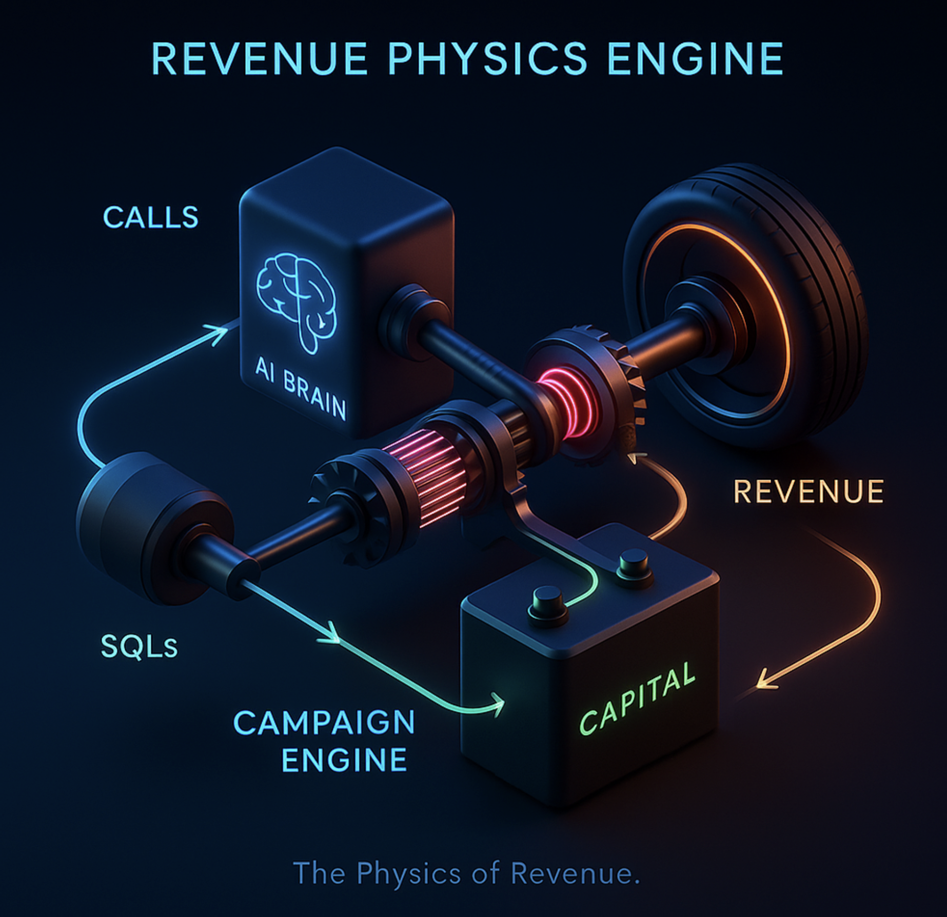Digital illustration showing a machine labeled 'Revenue Physics Engine' with components representing AI brain generating calls, and campaign engine producing SQLs, both contributing to the capital and revenue output.