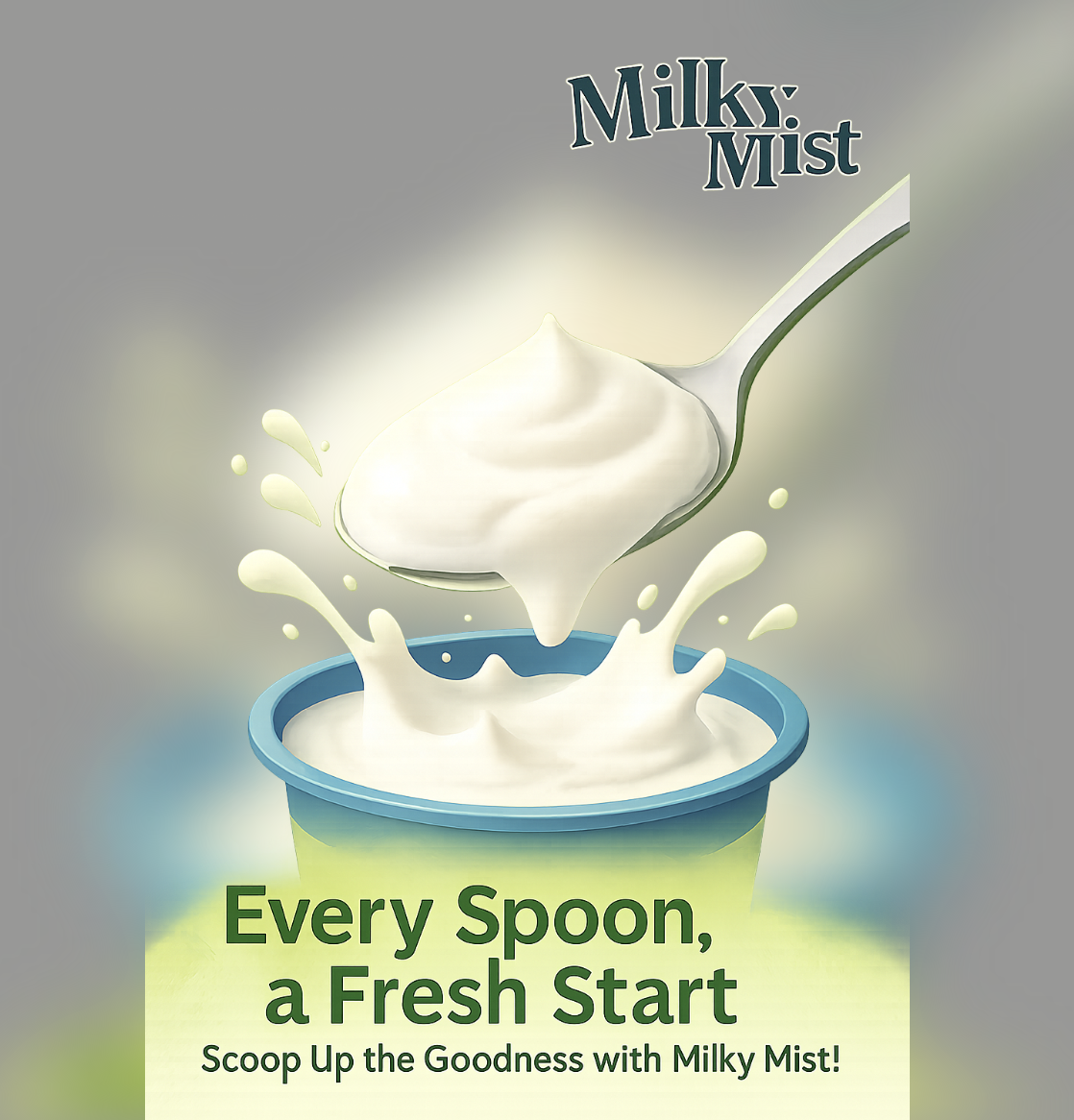 A spoon lifting a scoop of creamy yogurt above a blue container, with splashes of yogurt around it. Text on the image reads, "Milky Mist" at the top and "Every Spoon, a Fresh Start" with a tagline, "Scoop Up the Goodness with Milky Mist!"