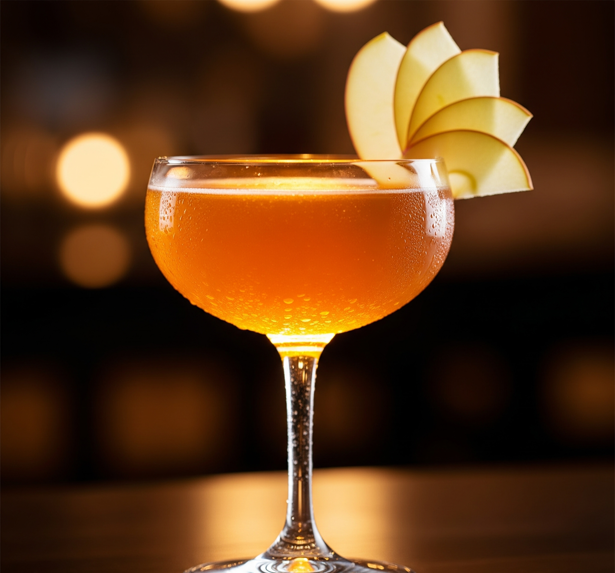 A cocktail glass filled with orange-colored drink, garnished with apple slices, on a dark background with bokeh lights.