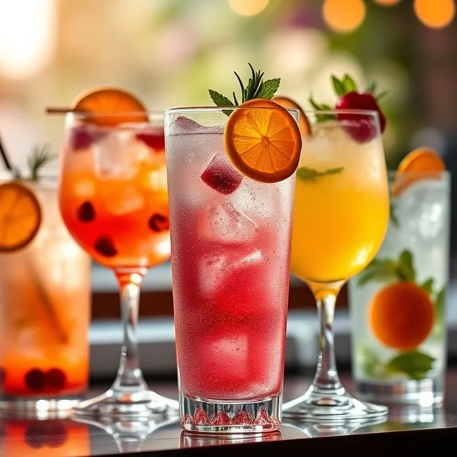 Colorful summer cocktails with fruit garnishes on a bar counter