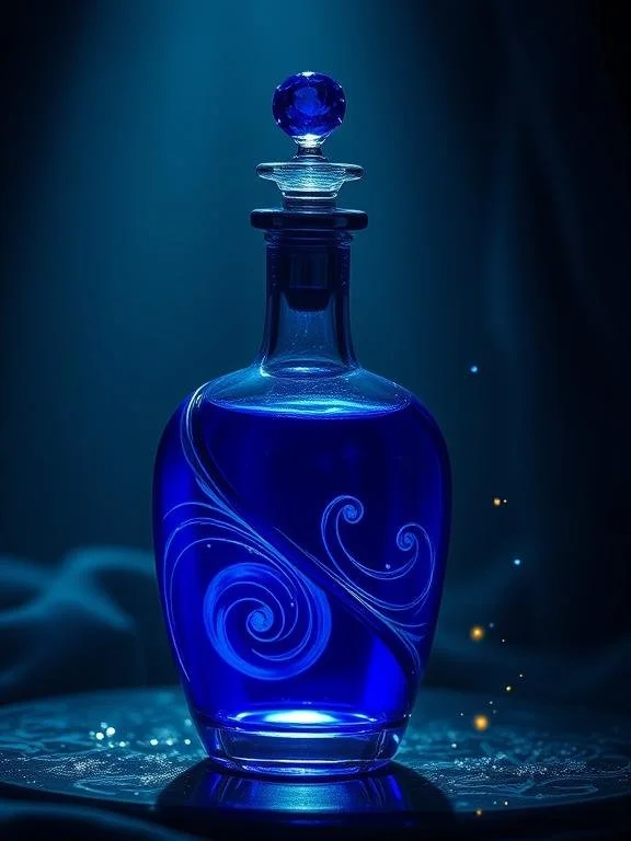 A blue glass perfume bottle with a swirling design, topped with a matching blue spherical stopper, illuminated in a dark setting.