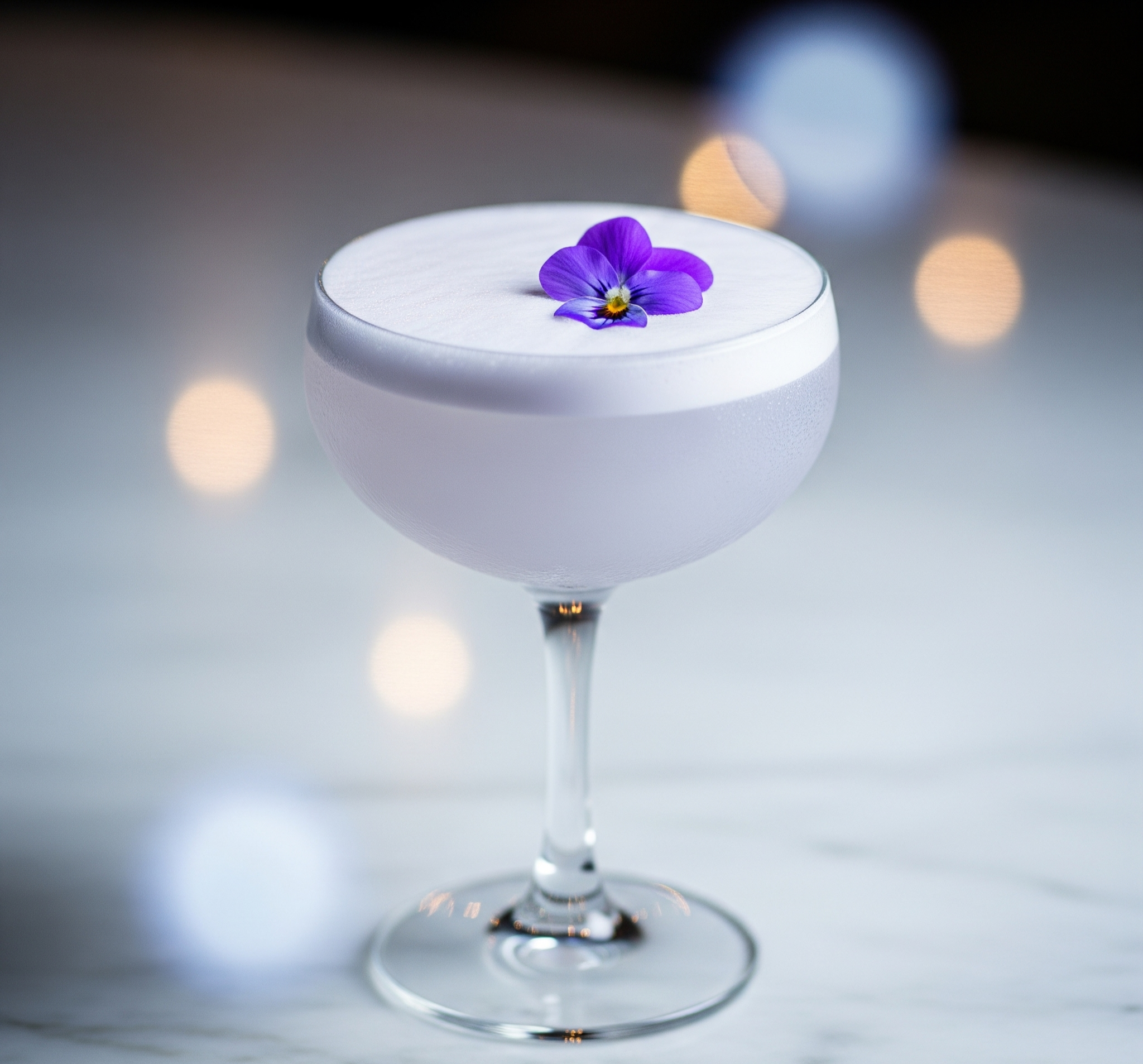 A cocktail in a coupe glass with a purple edible flower on top, set against a blurred background with soft lights.