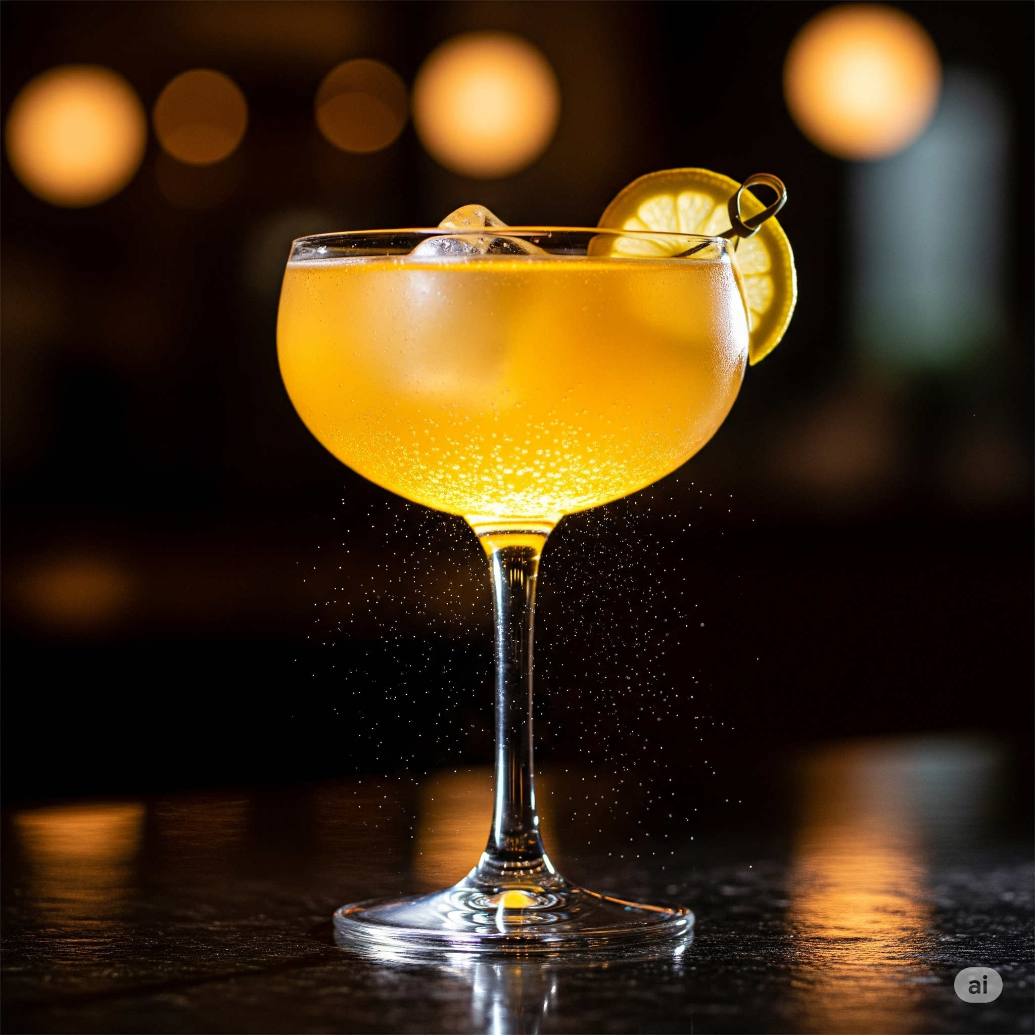 A yellow cocktail in a coupe glass garnished with a lemon slice and a cocktail pick, with a dark background and bokeh lights.