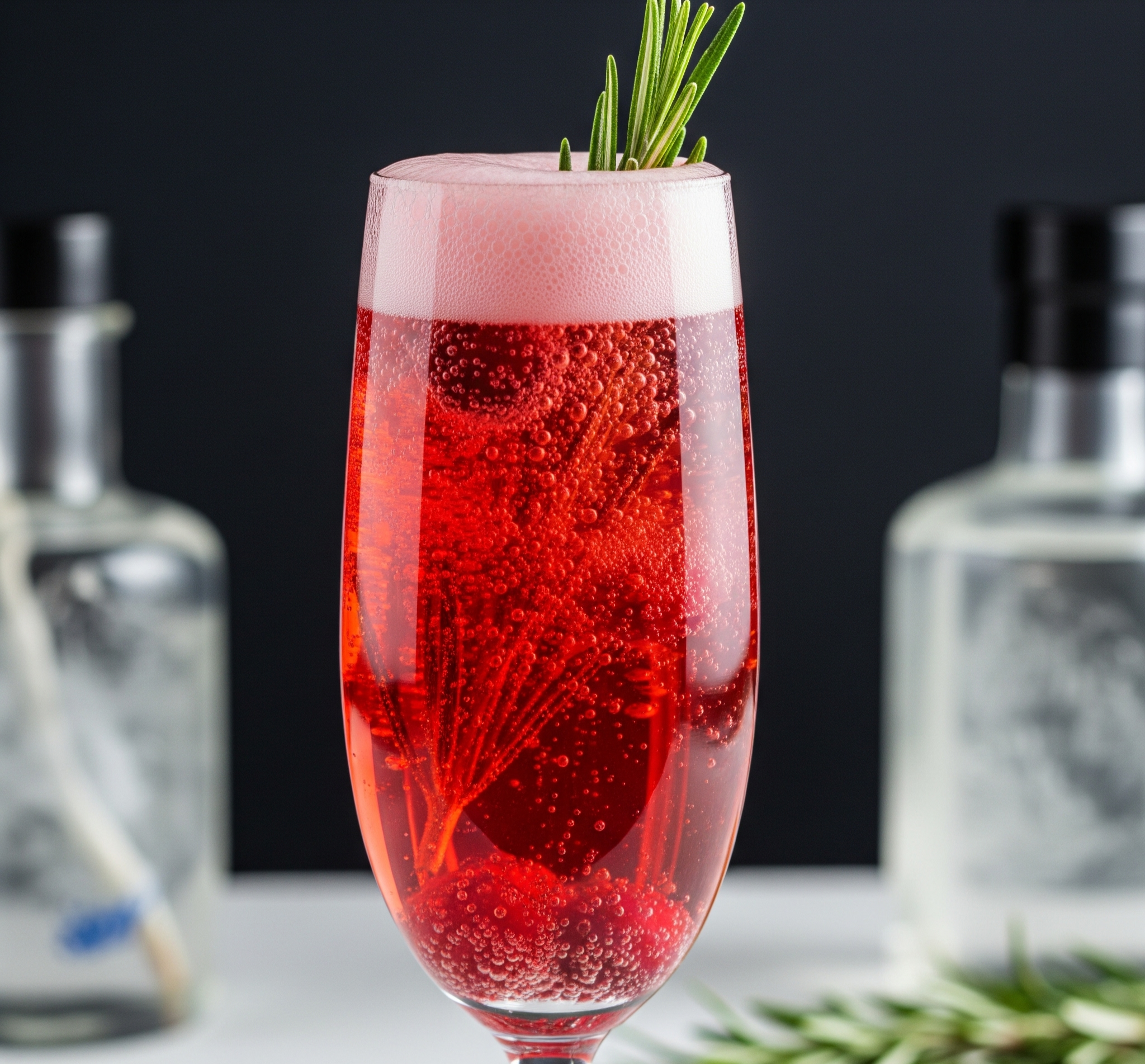 A tall champagne flute filled with a red beverage, garnished with rosemary sprigs, and surrounded by blurred bottles in the background.