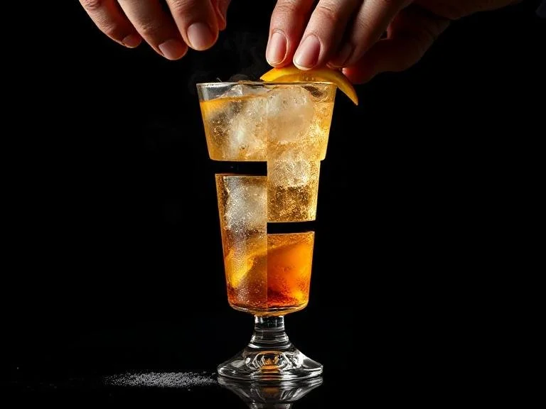 A layered cocktail in a tall glass with ice and lemon garnish, with a finger placing the lemon wedge on top, set against a black background.