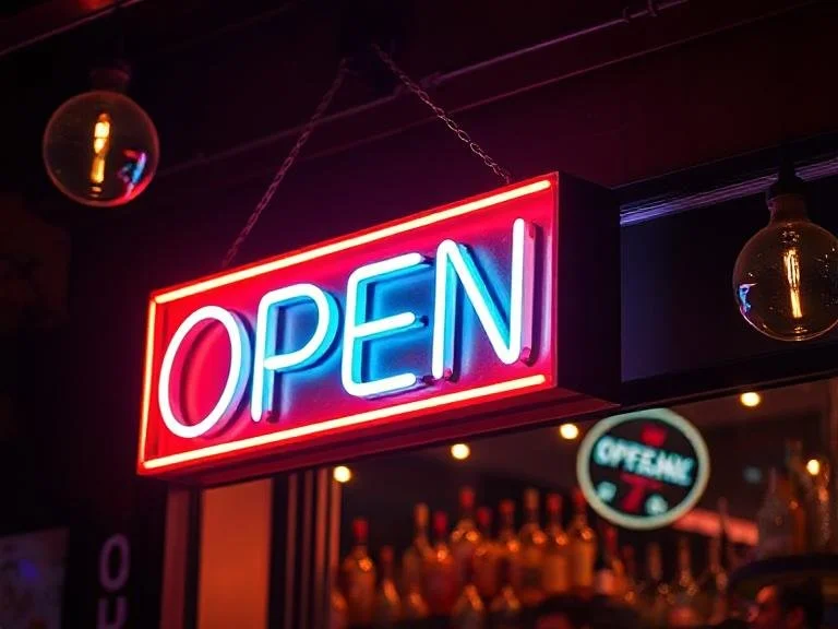 Neon illuminated red and blue 'OPEN' sign hanging on a dark ceiling with hanging light bulbs.