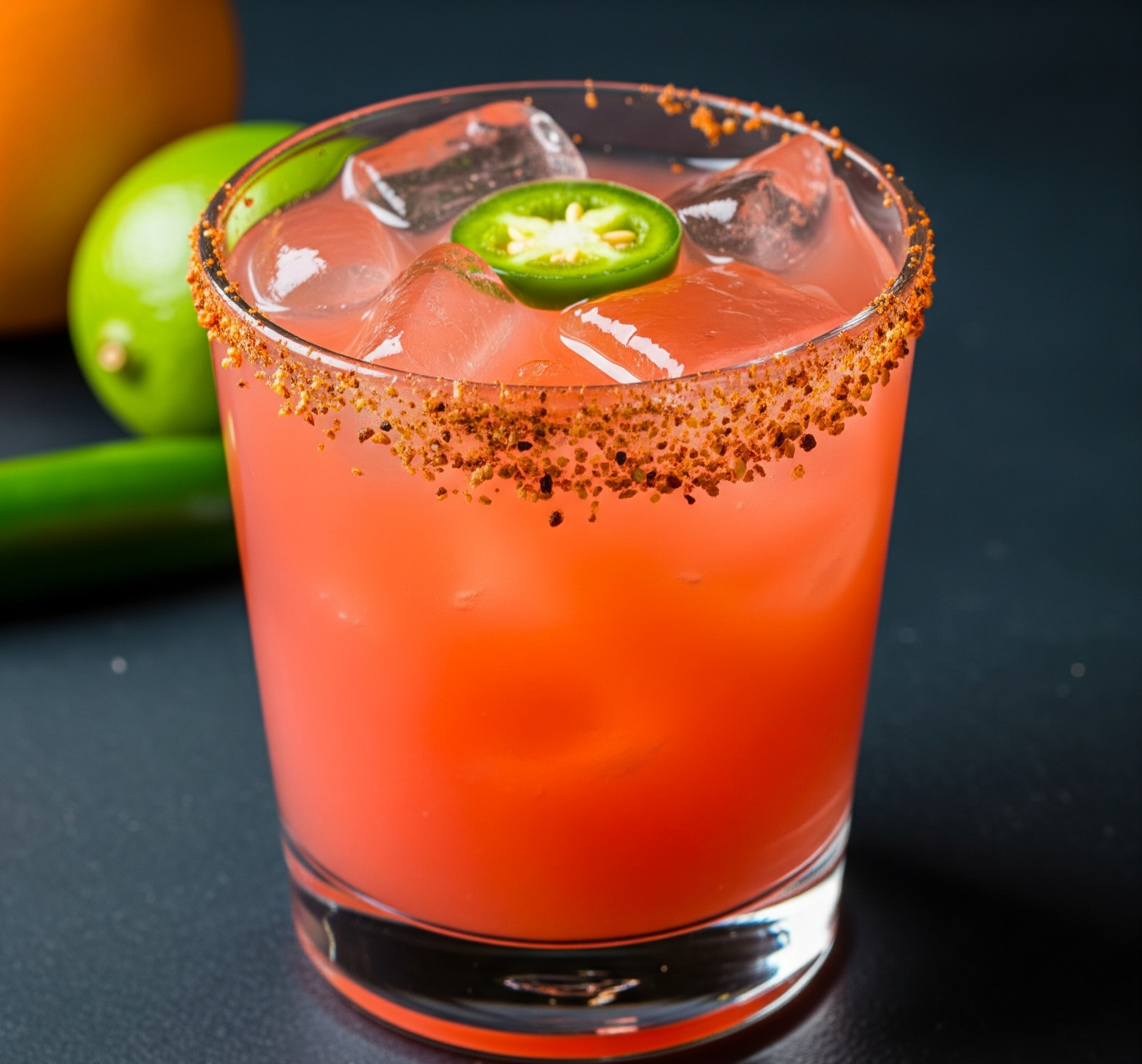 A glass of pink cocktail with ice, garnished with a slice of jalapeño and rimmed with chili powder, set against a dark background with green apples nearby.