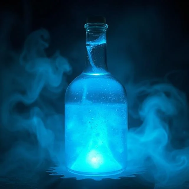 A glass bottle filled with glowing blue liquid emitting mist or vapor, creating an atmospheric effect.