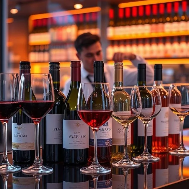 Multiple wine bottles and glasses of red and white wine on a bar counter, with a bartender in the background in a dimly lit bar or restaurant.