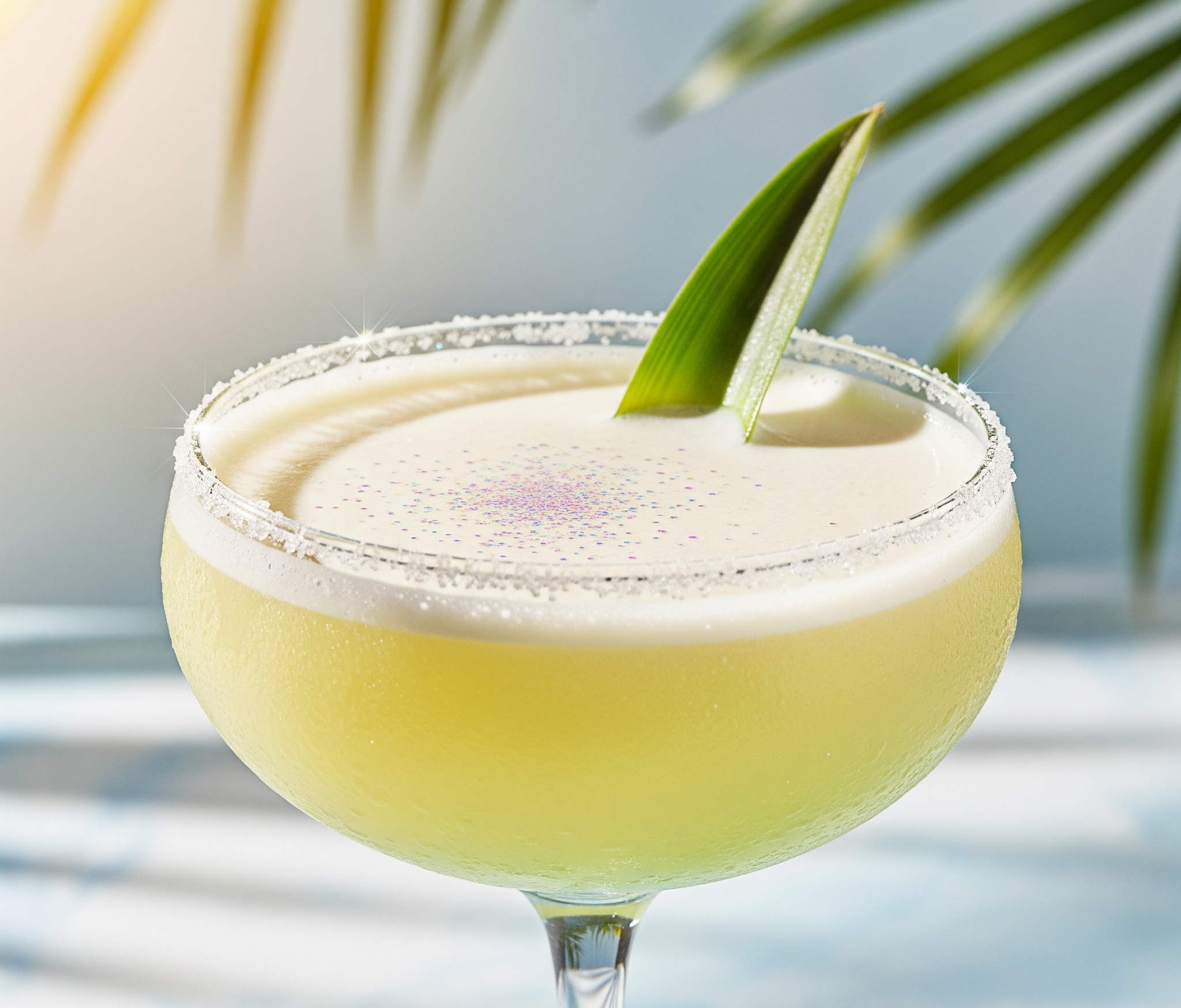 Yellow cocktail in a glass with sugar-rim, garnished with a green leaf, on a light blue surface with green palm leaves in the background.
