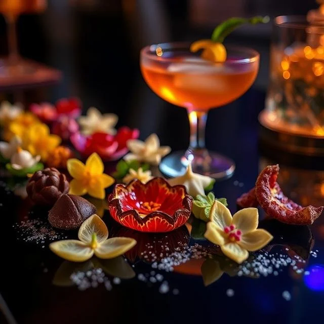 A cocktail glass filled with pink drink, garnished with a lemon wedge and a mint leaf, surrounded by an assortment of colorful edible flower decorations and spices on a dark surface.