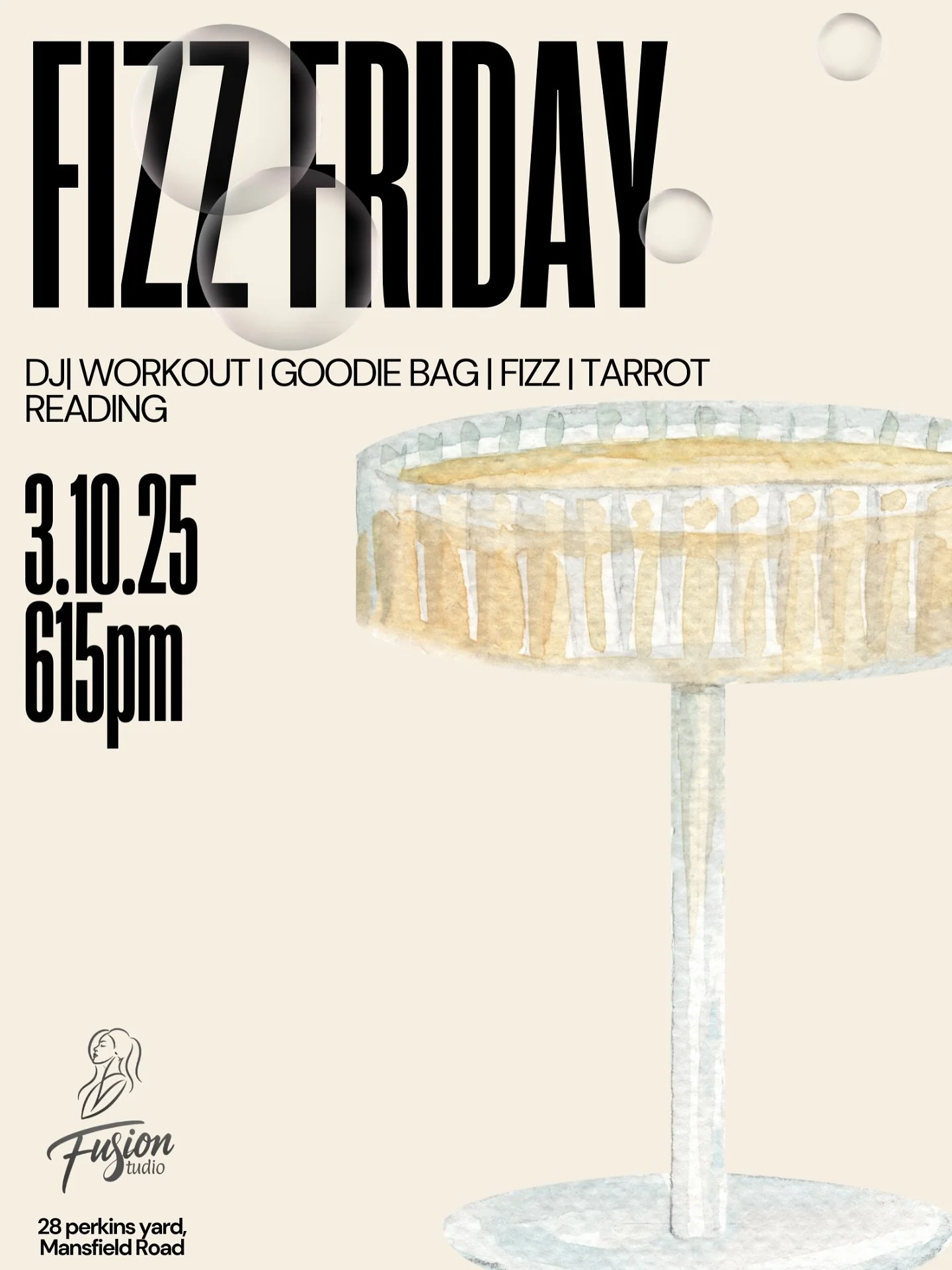 NEXT EVENT 🥂 

Fizz Fit Friday 🎧 join us on Friday 3rd October at 615pm for ⬇️

🏋️&zwj;♀️. A workout with a DJ vibe and club like lighting 💃 
🥂 Post class Fizz 
🫧 A goodie bag from @skinbydemiserenaa @scentsbydemiserena worth &pound;25 🧖&zwj;♀