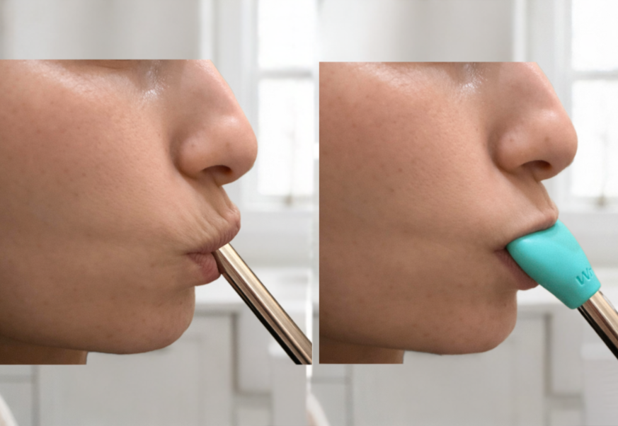 side by side comparison of profile of face, drinking from a stainless steel straw, lips show wrinkles, compared to profile drinking from whale tail straw attachment, with no wrinkles