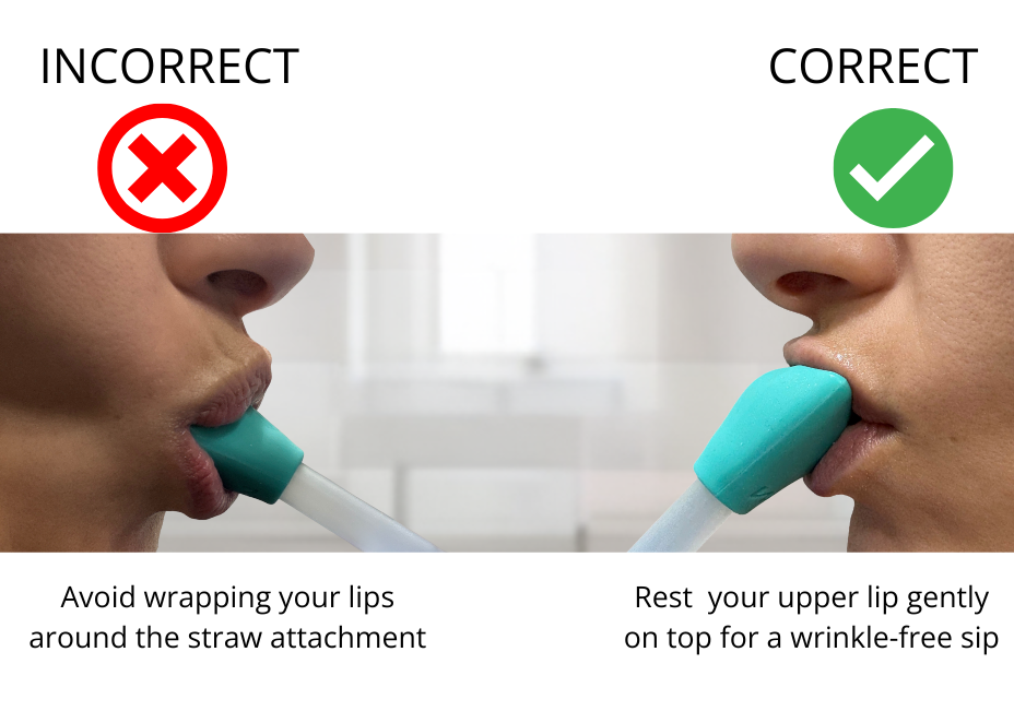 side by side comparison of incorrect vs correct way to drink using straw attachment. incorrect way is by wrapping your lips around straw attachment. correct way is by resting upper lip gently on top of straw attachment for wrinkle free sip
