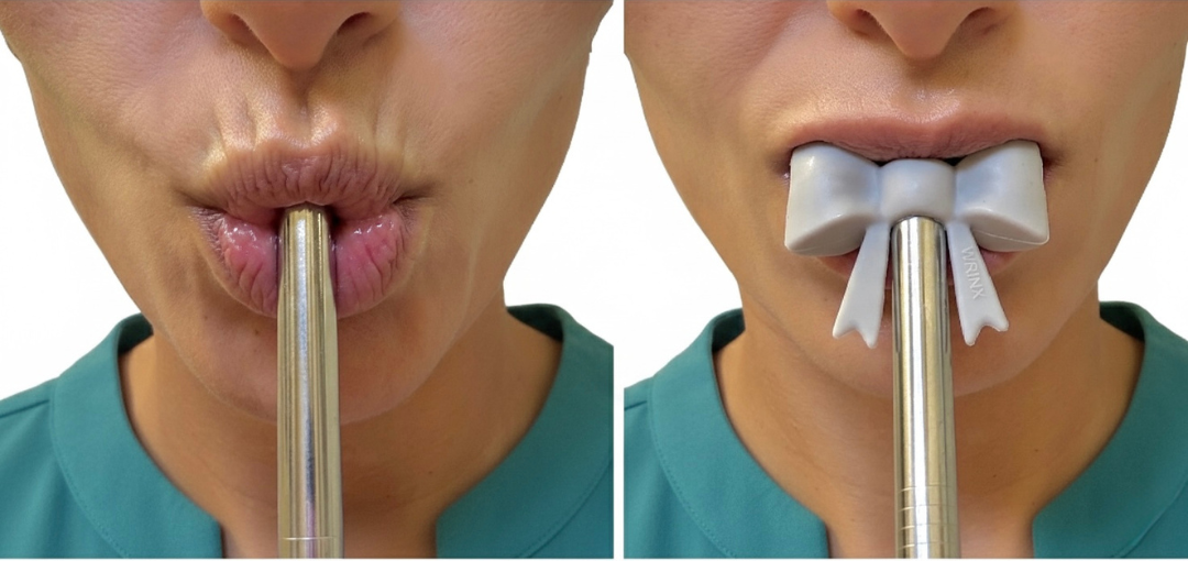 a side by side photo of a woman drinking out of a stainless steel straw with lip wrinkles compared to same woman drinking out of the gray bow straw attachment with a relaxed non wrinkled upper lip