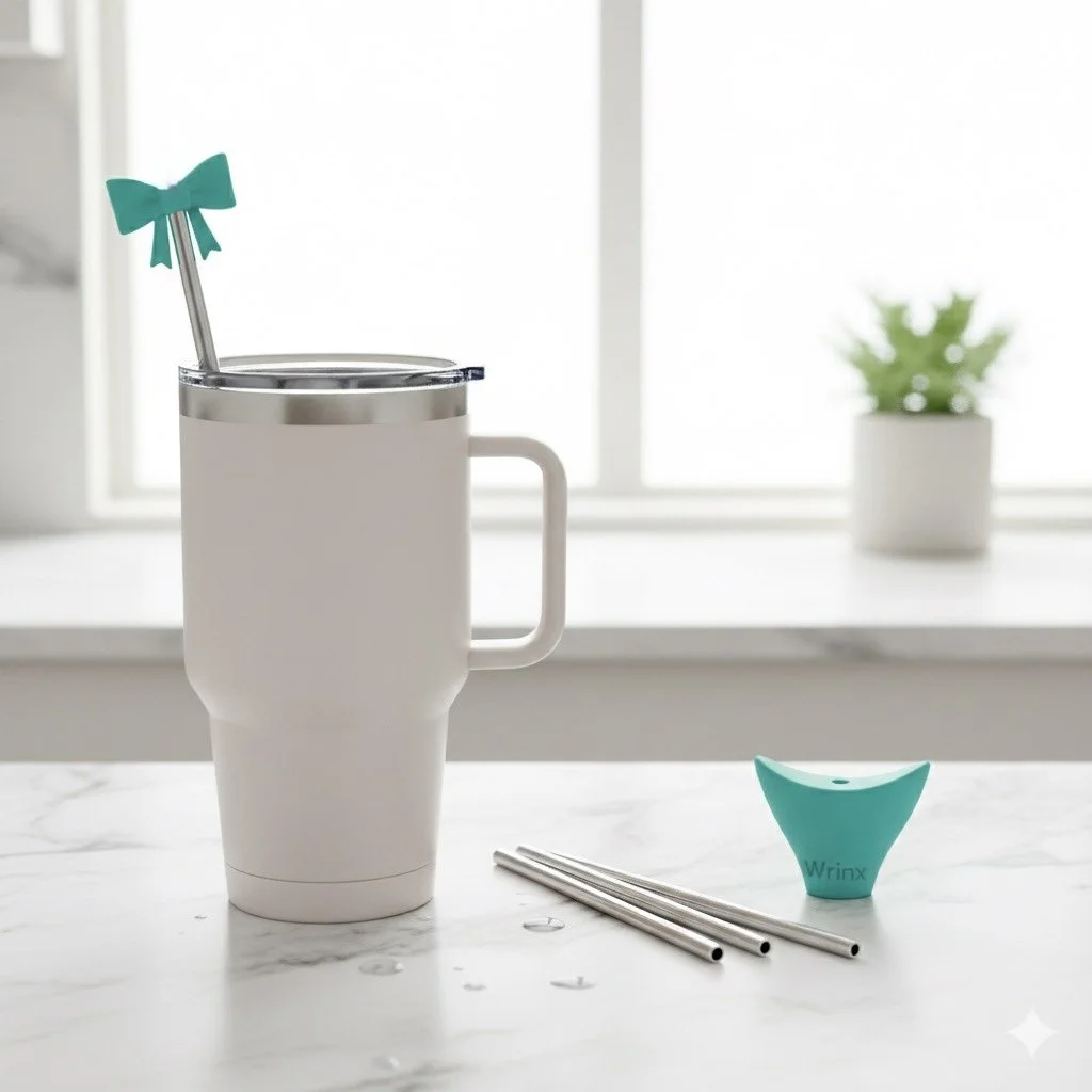 pale pink tumbler on marble kitchen counter with three stainless steel straws resting on counter and teal whale straw attachment to the right of the straws on kitchen counter