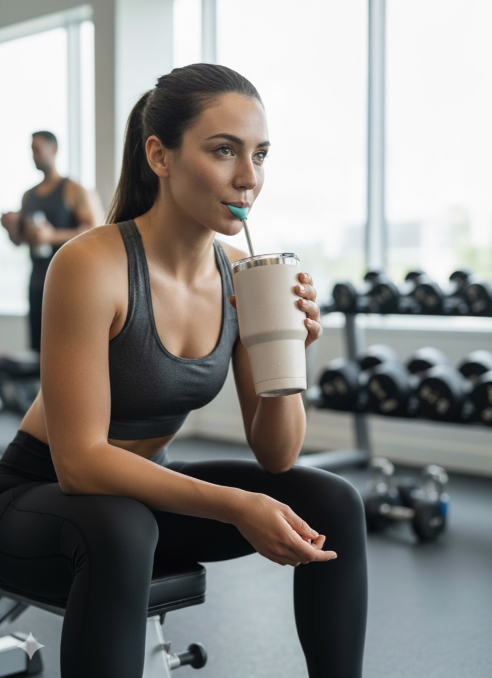 woman sitting on a bench at the gym drinking out of a pink tumbler with a stainless steel straw and wrinx straw attachment