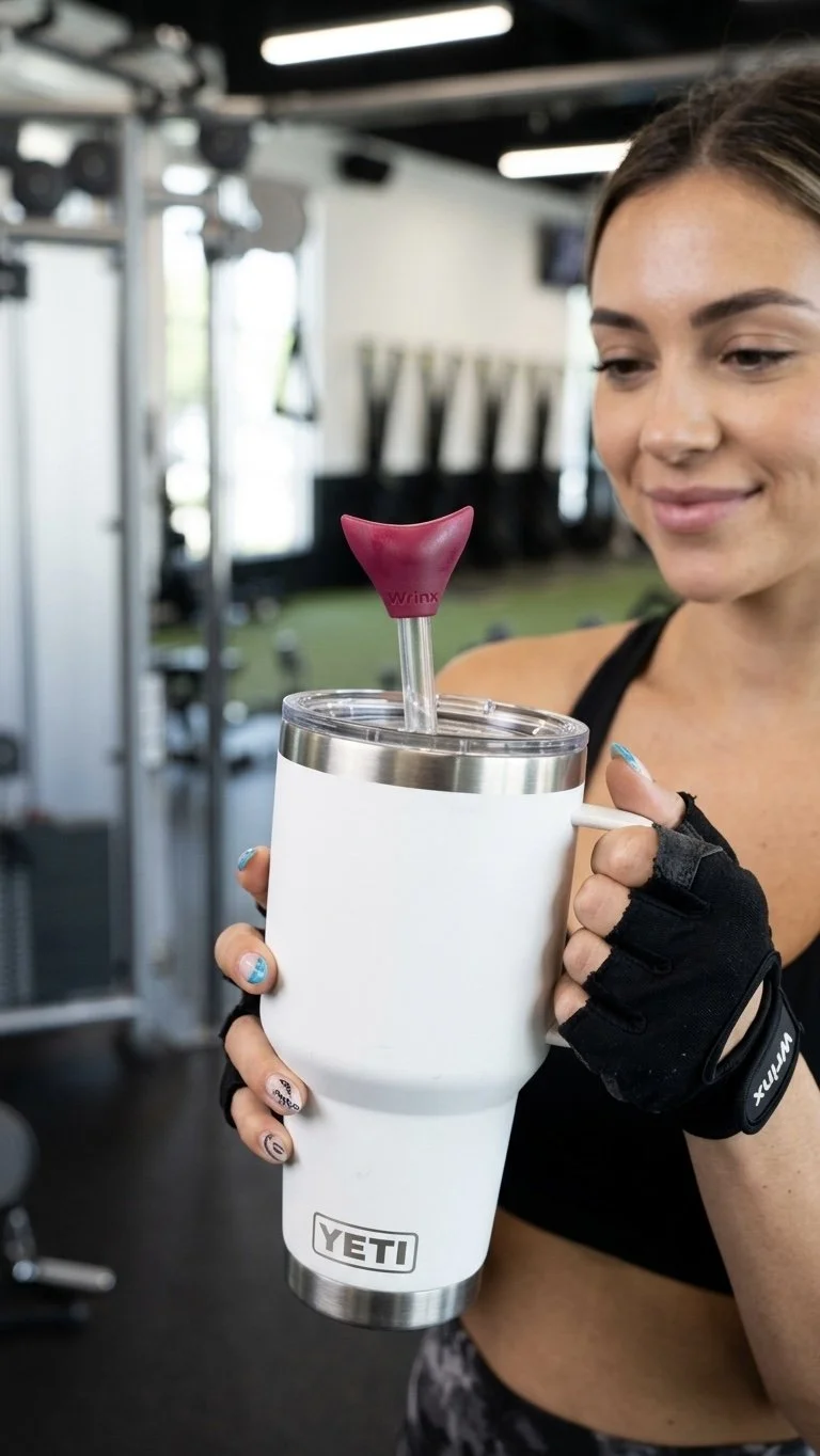 woman at gym holding white tumbler with pink anti wrinkle straw attachment on clear straw