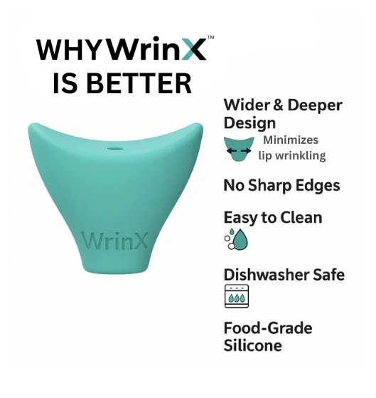 Teal WrinX silicone straw topper graphic highlighting its ergonomic, wrinkle-preventing design - wider and deeper for comfort, smooth edges, easy to clean, dishwasher- safe, and made from food-grade silicone. 