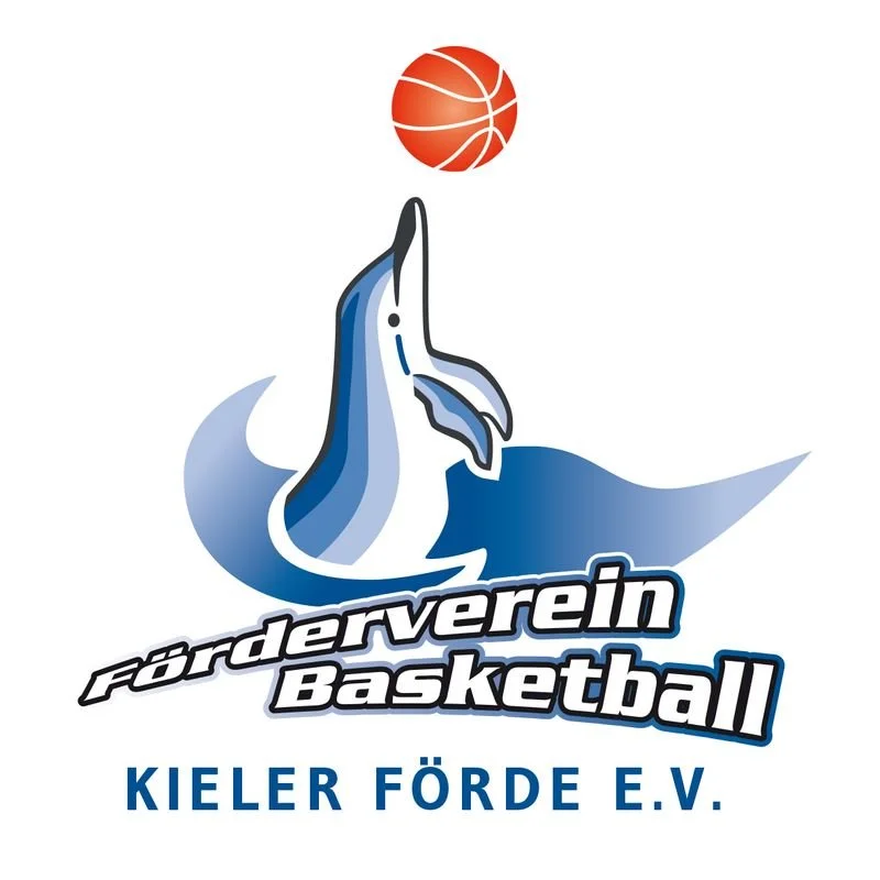 Logo eines Basketballvereins mit einer Delphin-Illustration, einem Basketball und dem Text 'Förderverein Basketball Kieler Förde e.V.'