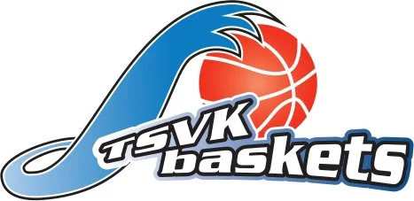 Logo von TSVK Baskets mit einer blauen Hand, einem roten Basketball und dem Schriftzug 'TSVK baskets'.