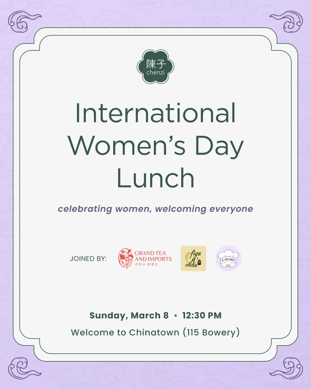 Poster for International Women's Day Lunch. Text reads "celebrating women, welcoming everyone"