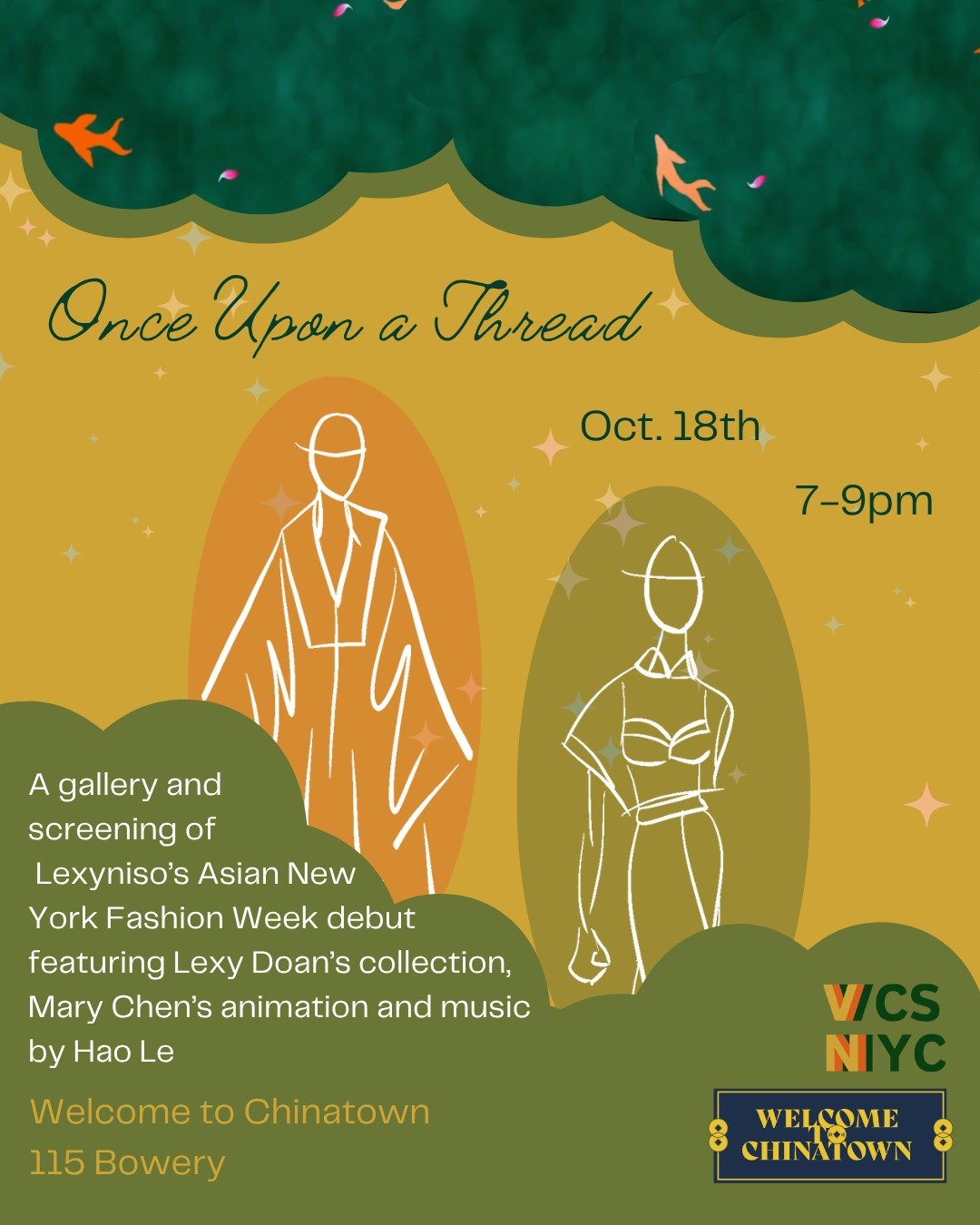 Poster for "Once Upon a Thread" which shows 2 illustrated fashion figures. Description reads "A gallery and screening of Lexyniso's Asian New York Fashion Week debut featuring Lexy Doan's collection, Mary Chen's animation and music by Hao Le."