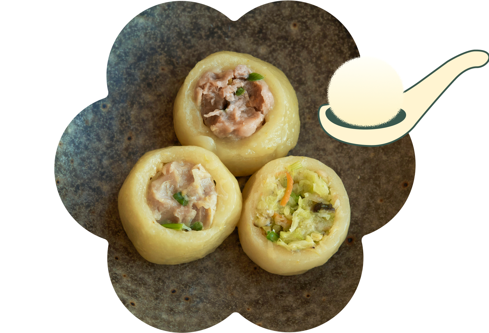 Three Chenzi Fuzhounese potato balls cut open on a plate, showing soft potato wrappers filled with pork, chicken, and vegan fillings.