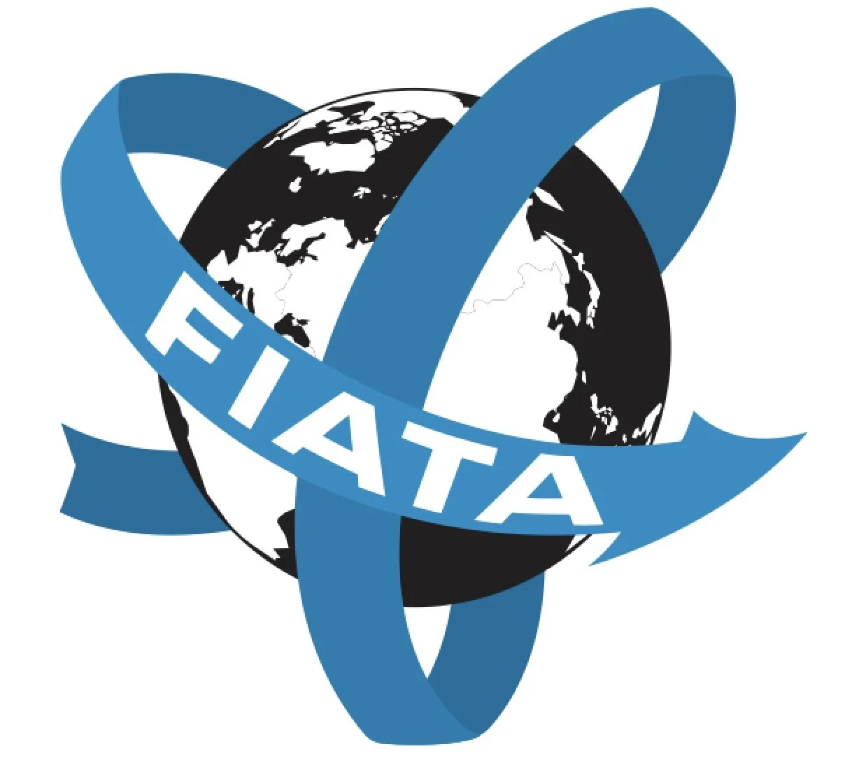 A globe with black and white continents, surrounded by blue ribbons that form a triquetra, with the word "ЕІАТА" on the ribbons.
