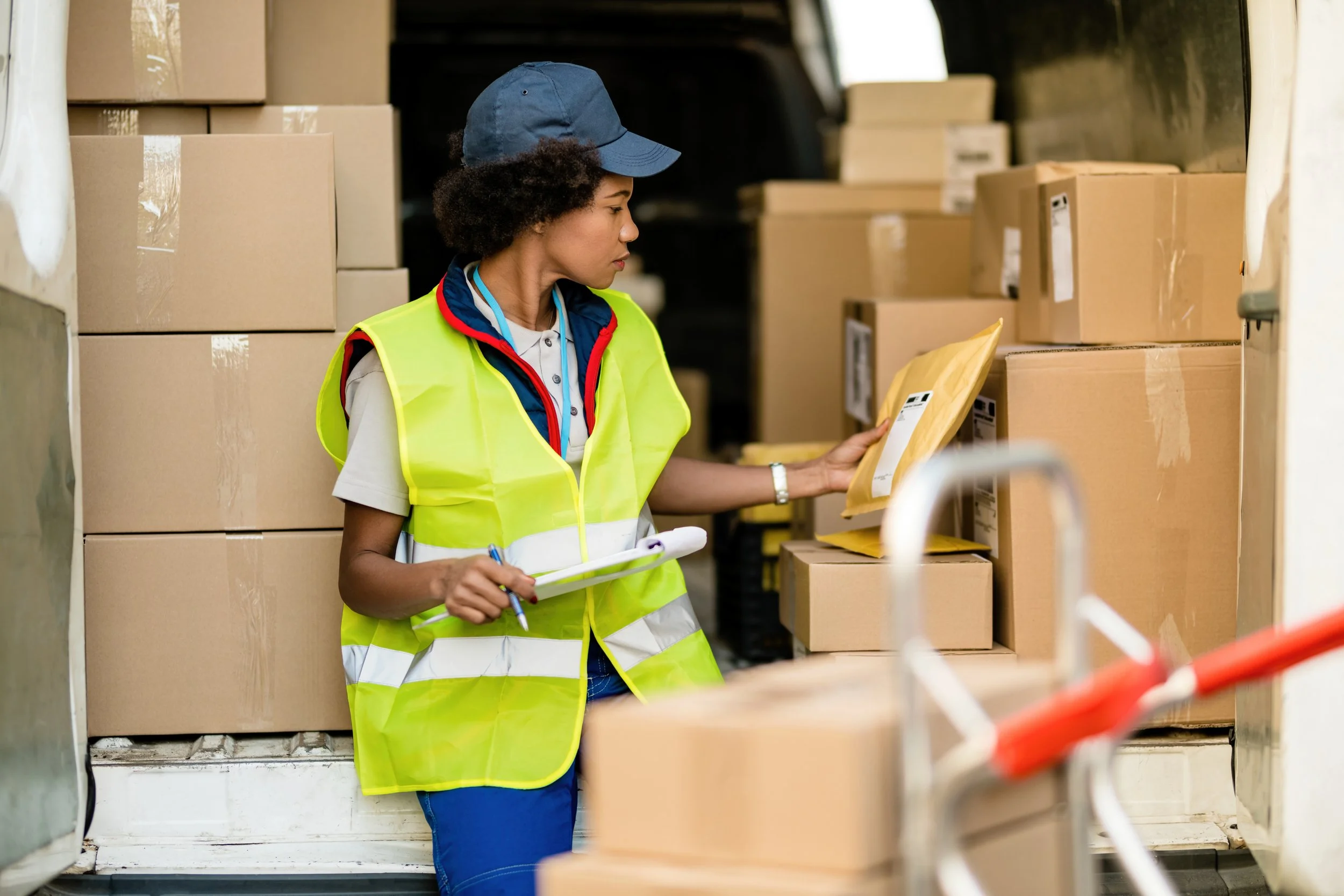 A woman in a yellow safety vest and blue cap inspecting packages inside a delivery truck, holding a clipboard and pen.