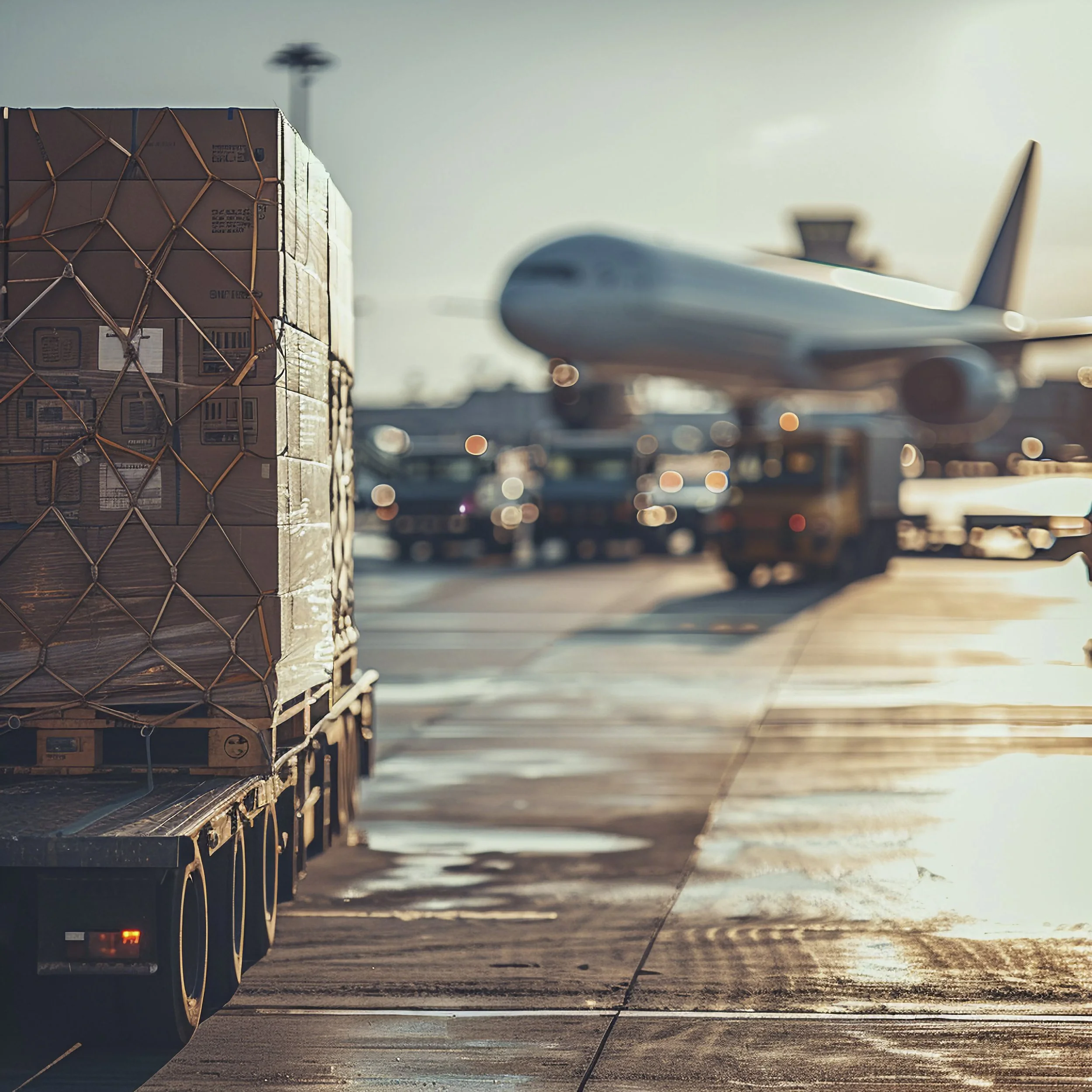 Cargo truck on tarmac at airport with boarded boxes in foreground and airplane in background during sunset.