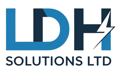 Logo of LDH Solutions Ltd with stylized lightning bolt in the letter H