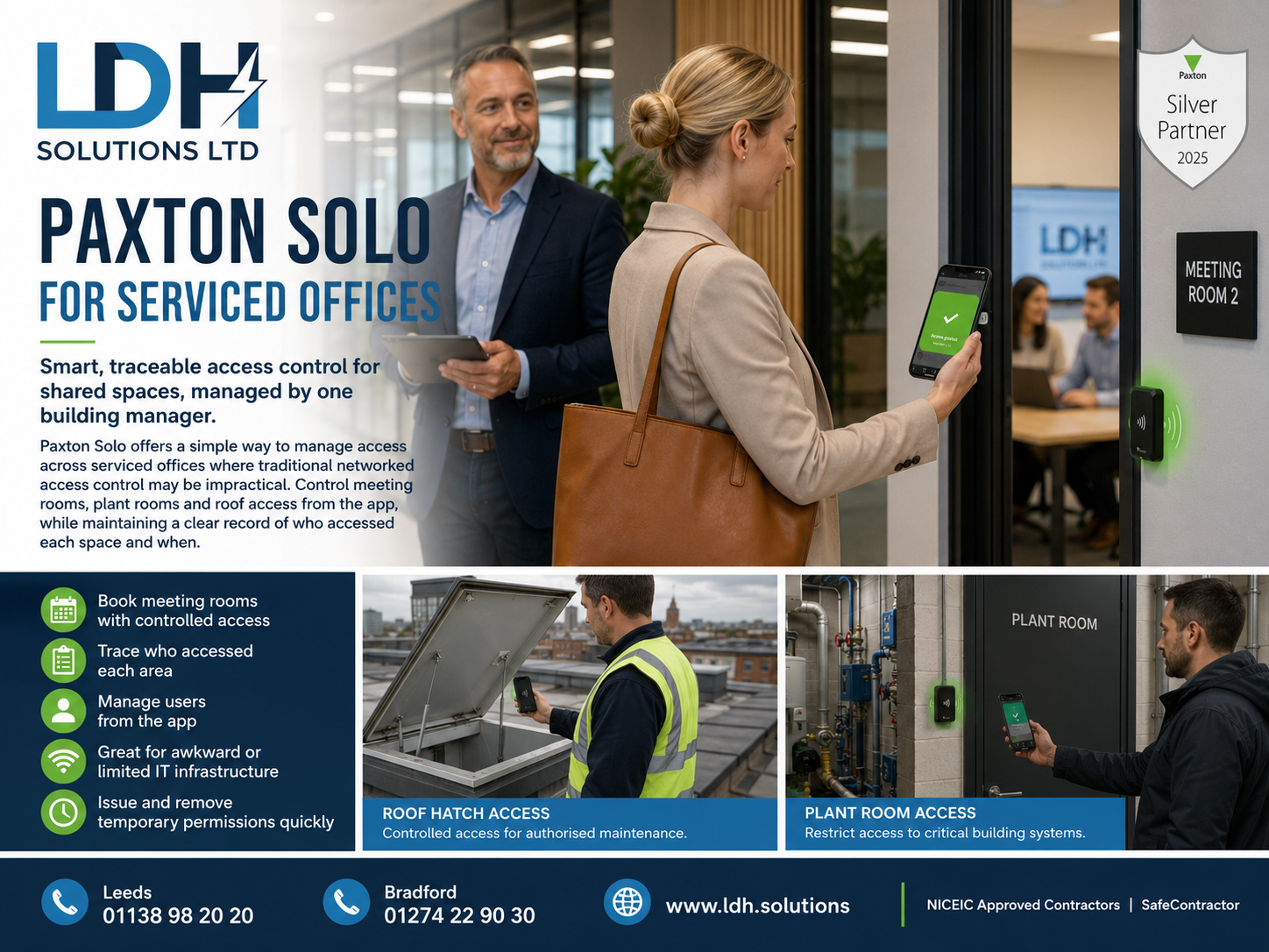 LDH Solutions Ltd Paxton Solo serviced office access control leaflet showing a tenant using phone-based access for a meeting room, with controlled roof hatch and plant room access for traceable building management.