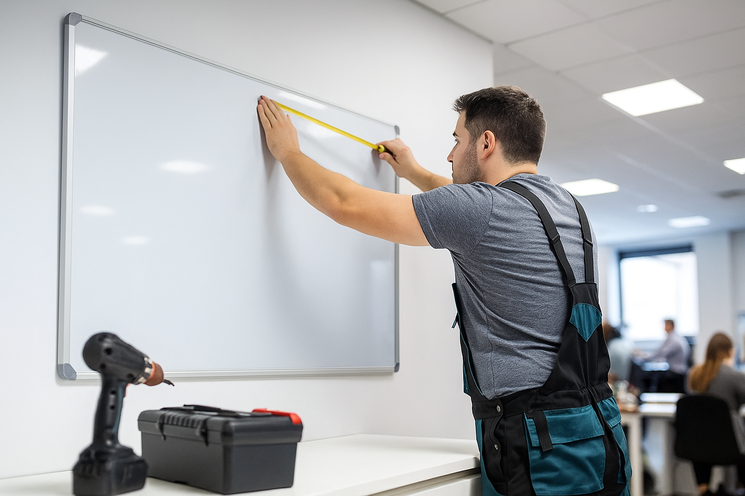 Handyman installing a wall-mounted whiteboard in a commercial office