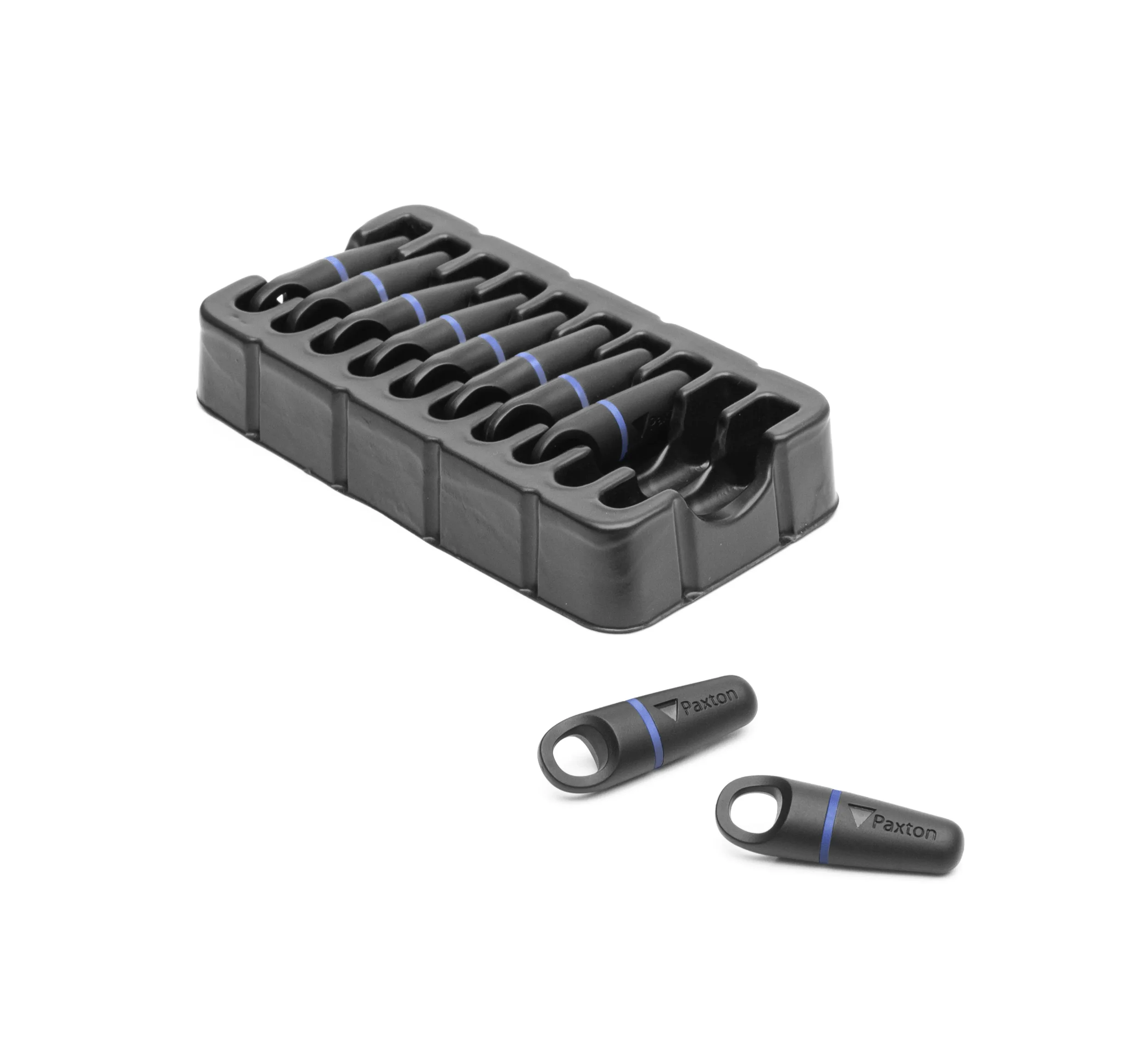 Paxton Net2 proximity keyfobs, pack of 10, black with blue stripe, used for access control systems.