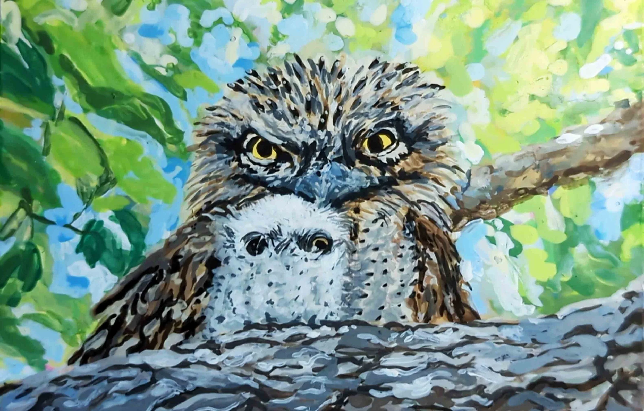 Painting of a bird perched on a branch with green leaves and blue sky background, in an impressionist style.