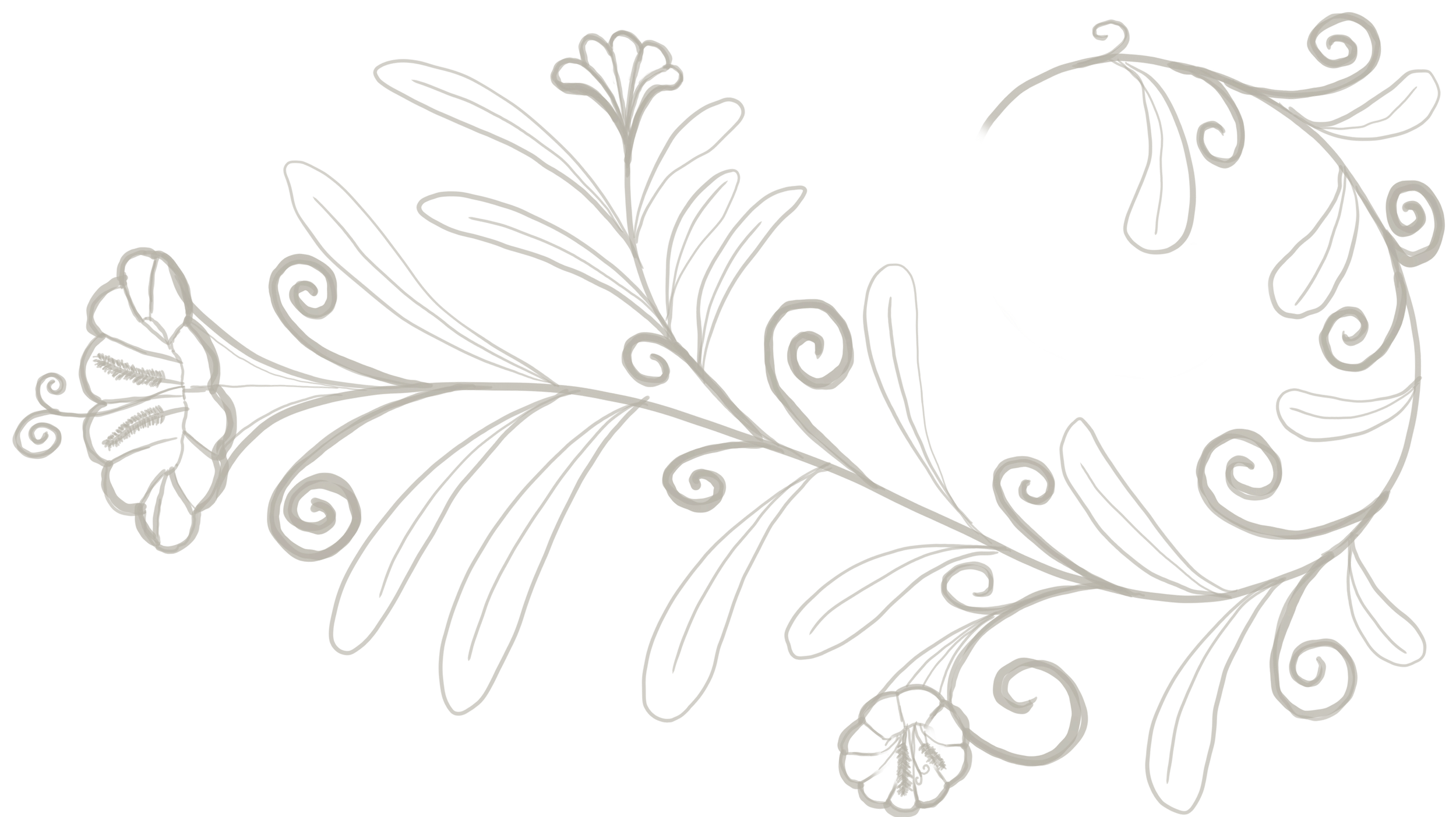 White floral line art design on a black background featuring flowers, leaves, and swirling patterns.