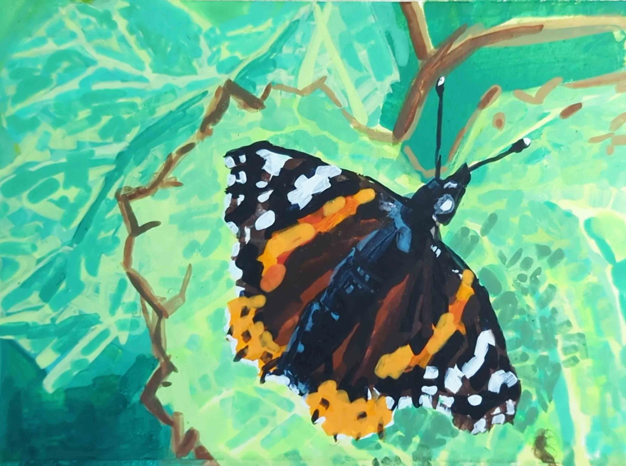 A colorful painting of a monarch butterfly perched on a branch with a green background.
