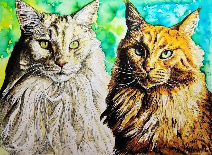 Watercolor painting of two Maine Coon cats with long fur, one with a silver tabby coat and the other with a golden-brown coat, against a vibrant green and blue background.